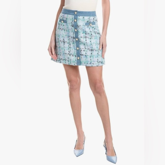 Nanette Lepore Tweed Button Front Mini Skirt Blue Multi Size L NWT - Picture 1 of 9